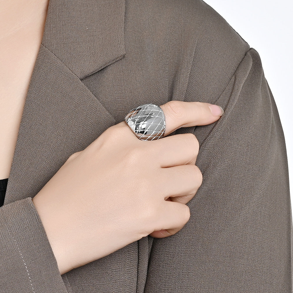 Planderful Gold Plated Ring With Exaggerated European And American Grid Pattern For Fashion Forward Women