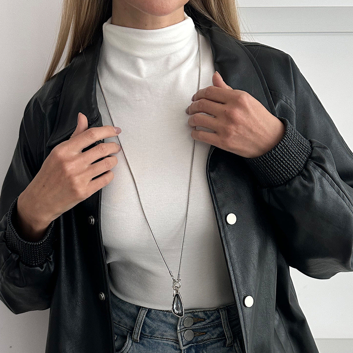 Water Drop Gem Pendant Necklace Street Long Snake Bone Chain Winding