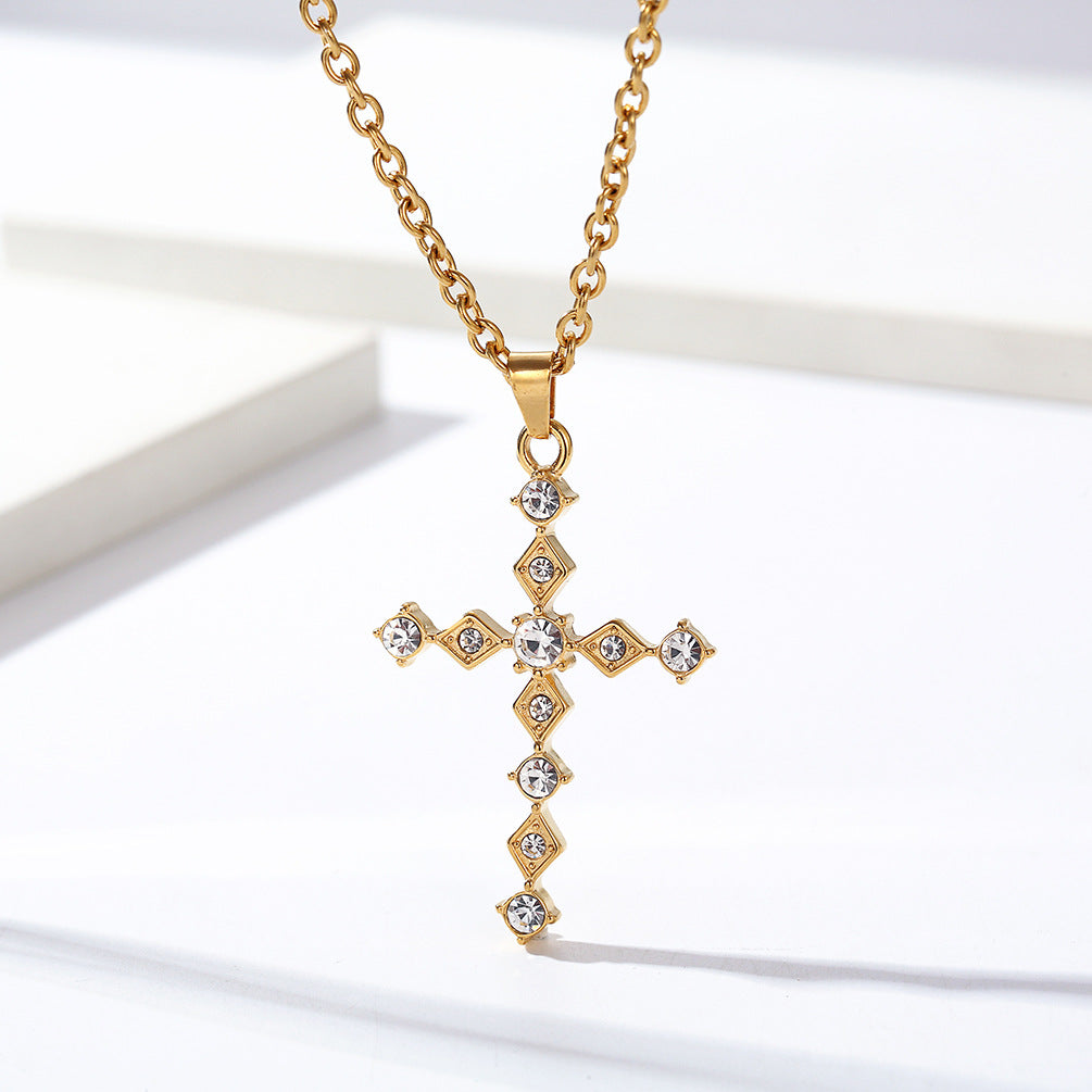 Cross-Border Amazon Light Luxury Zircon Titanium Steel Cross Necklace