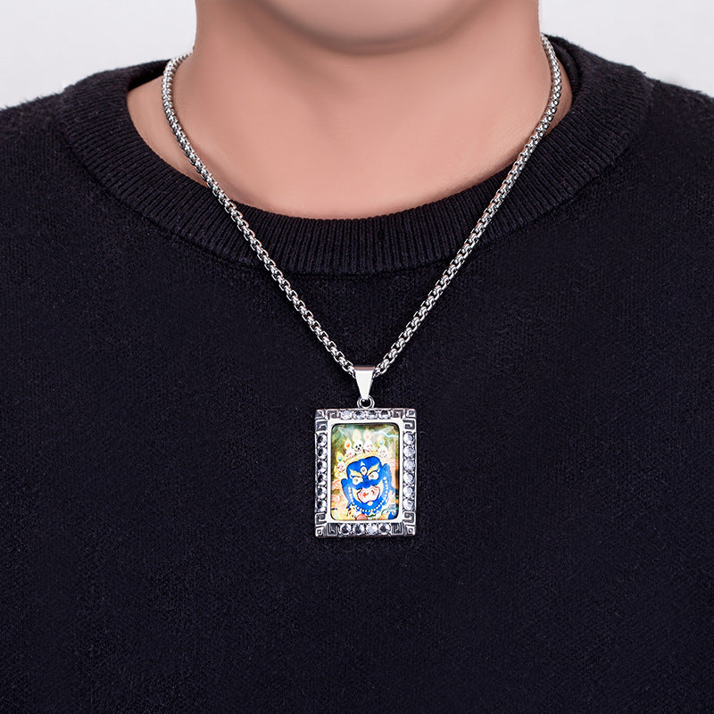 Zircon Necklace - Vintage Nepal Thangka Pendant For Men Featuring Inlaid Black Steel