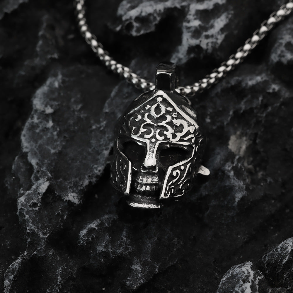 Planderful Shop Spartan Skull Helmet Pendant For Men Stainless Steel Oxidized Black Viking Jewelry