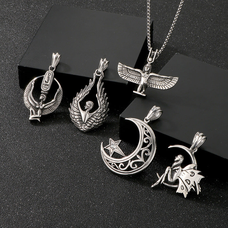 Planderful Retro Mens Titanium Steel Necklace Wings Pendant