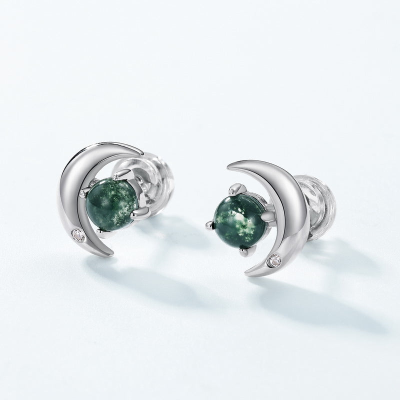S925 Sterling Silver Moss Agate Crescent Moon Stud Earrings