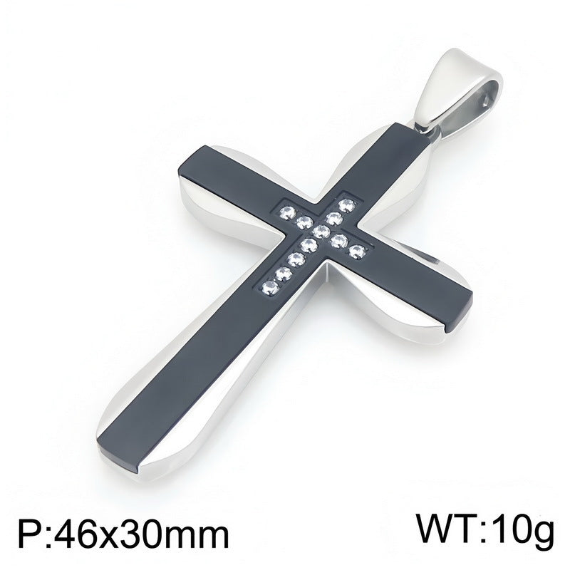Hip Hop Rock Double Contrast Color Zircon Cross Titanium Steel Pendant Back Stainless Necklace
