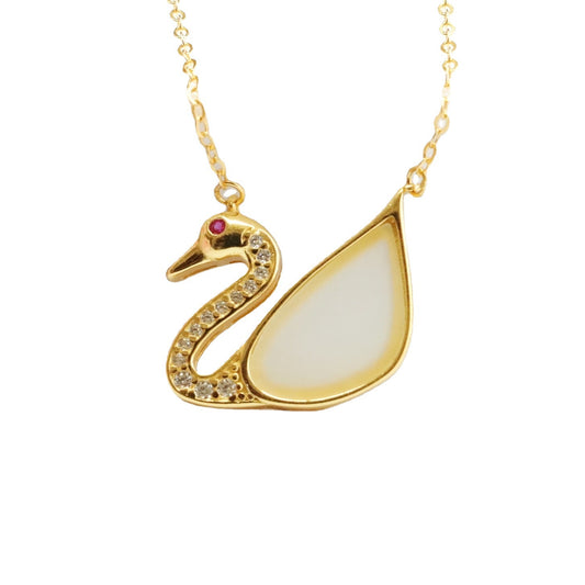 White Jade Swan Sterling Silver Necklace with Hotan Jade Accents