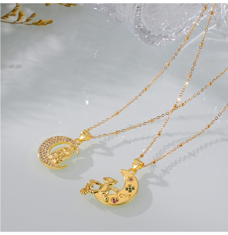 Moon Bear Pendant Gold-Plated Necklace with Zircon Bead Chain - Stylish European American Jewelry