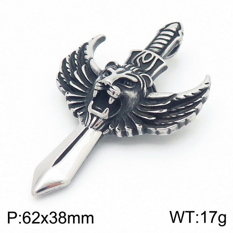 Flying Wings Pendant, Gothic Lion Head Rose Cross Wings Titanium Steel Men's Pendant Necklace