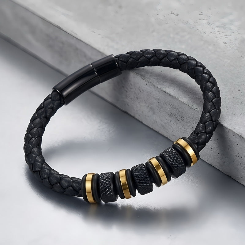 Rhombus Knurled Titanium Steel Ball Woven Microfiber Leather Magnetic Buckle Leather Bracelet