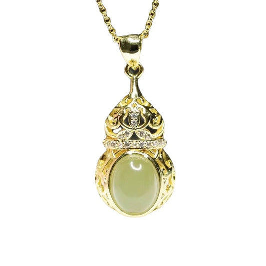 Jewelry Necklace with Oval Hollow Gourd Jade and Zircon Crafted from Natural Hotan Jade