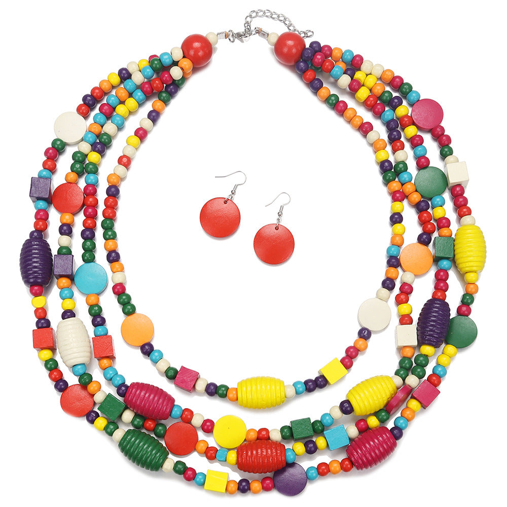 Planderful Savanna Rhythms Necklace and Earrings Set – Vibrant Bohemian Style with Multi-Layer Wood Beads