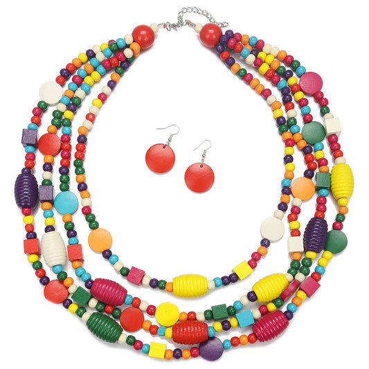 Planderful Savanna Rhythms Necklace and Earrings Set – Vibrant Bohemian Style with Multi-Layer Wood Beads
