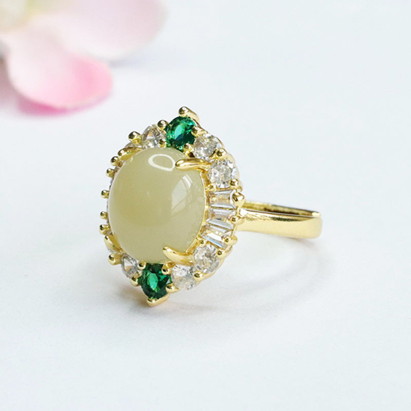 Exquisite Oval Hotan Jade Ring with Luxy Green and White Zircon Halo Features Sterling Silver Craftsmanship Handcrafted for Lasting Beauty and Comfortable Fit.