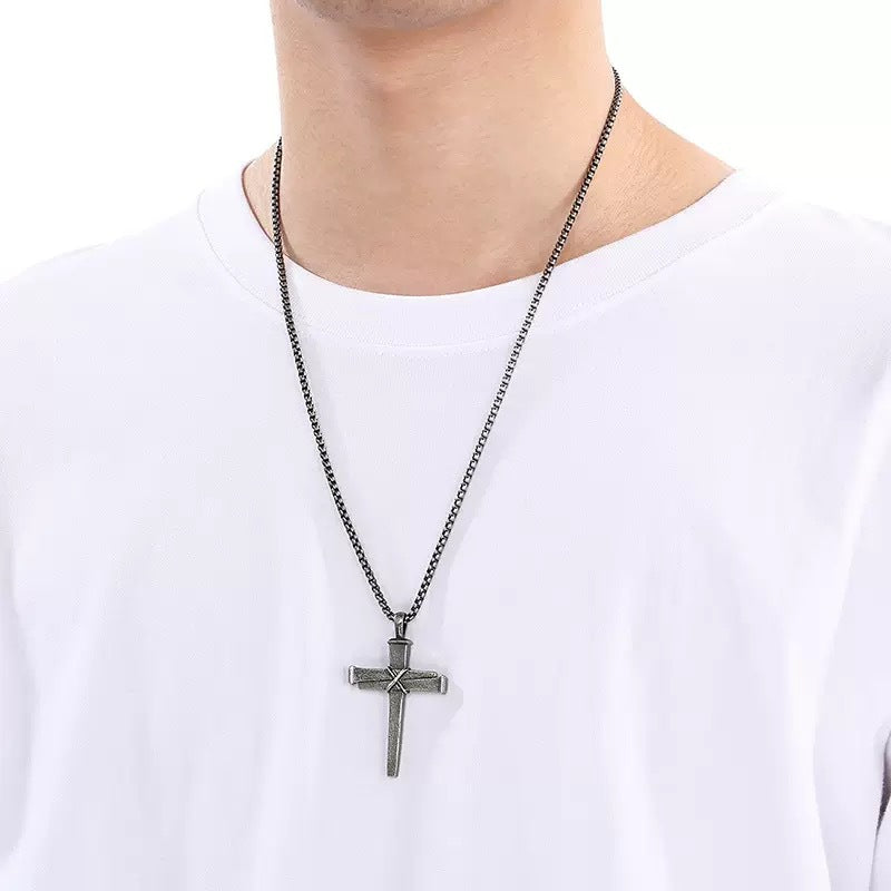 1. Planderful Cross Pendant Necklace For Men In Titanium Steel With Nail Detail Street Style Gift
