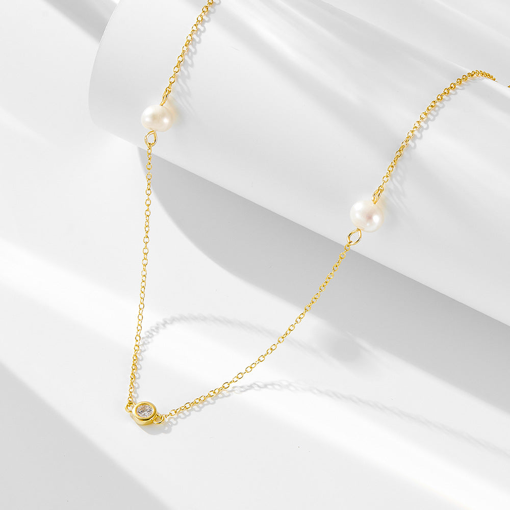 Sterling Silver Natural Freshwater Pearl Necklace Zircon