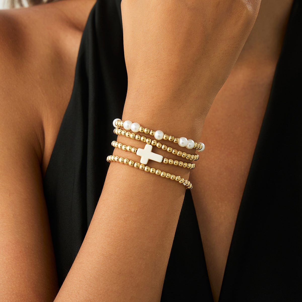 Planderful Vienna Verve Cross Beaded Elastic Bracelet Set For Women Retro Versatile Statement Jewelry