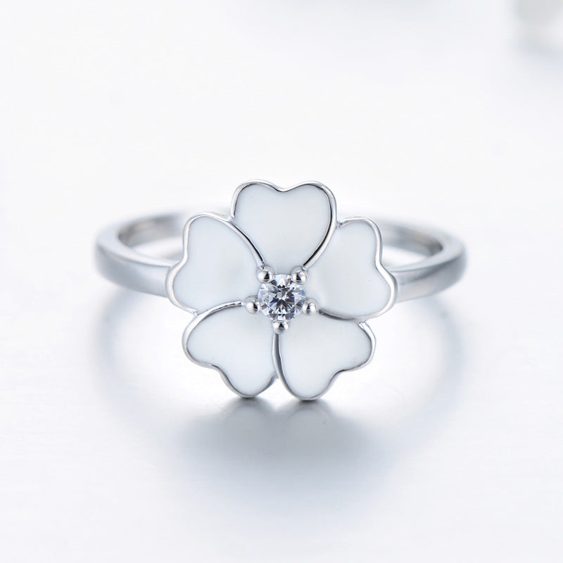 Elegant Sterling Silver Four-leaf Clover Enamel Ring with Zircon Gems
