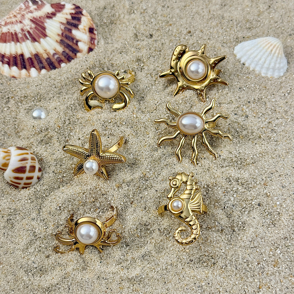 Planderful Ocean Starfish Ring With Imitation Pearl Adjustable Stainless Steel Statement Beach Jewelry For Women