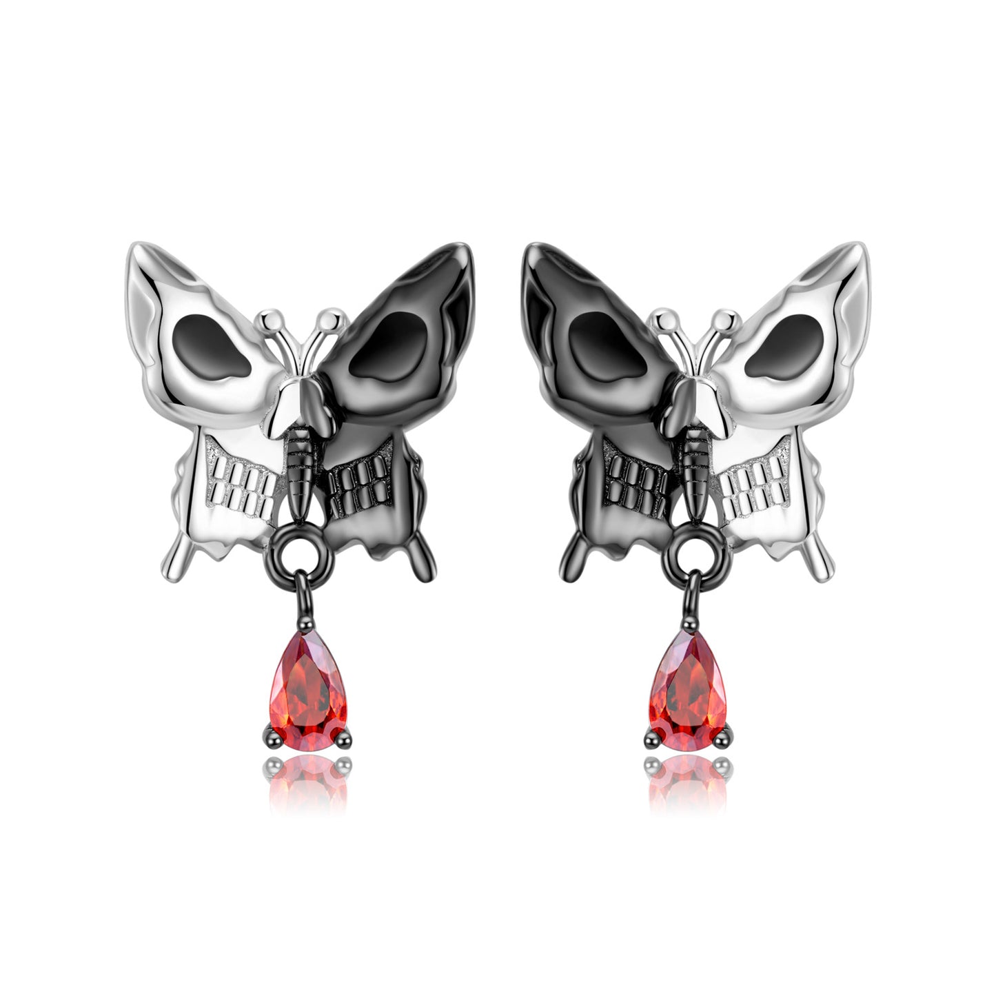 Halloween Double Sided Skull Face Butterfly Pear Shape Red Zircon Silver Stud Earrings