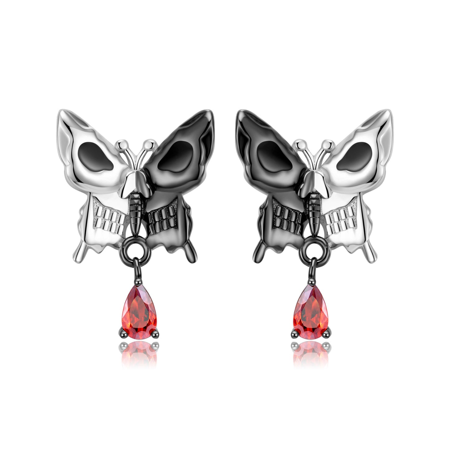 Halloween Double Sided Skull Face Butterfly Pear Shape Red Zircon Silver Stud Earrings