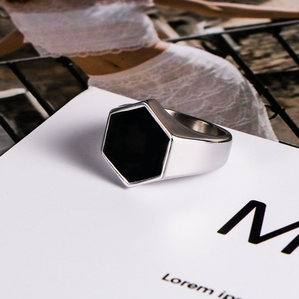 Personalized Hexagonal Epoxy Titanium Steel Ring for Men - Trendy Irregular Design in Stainless Steel