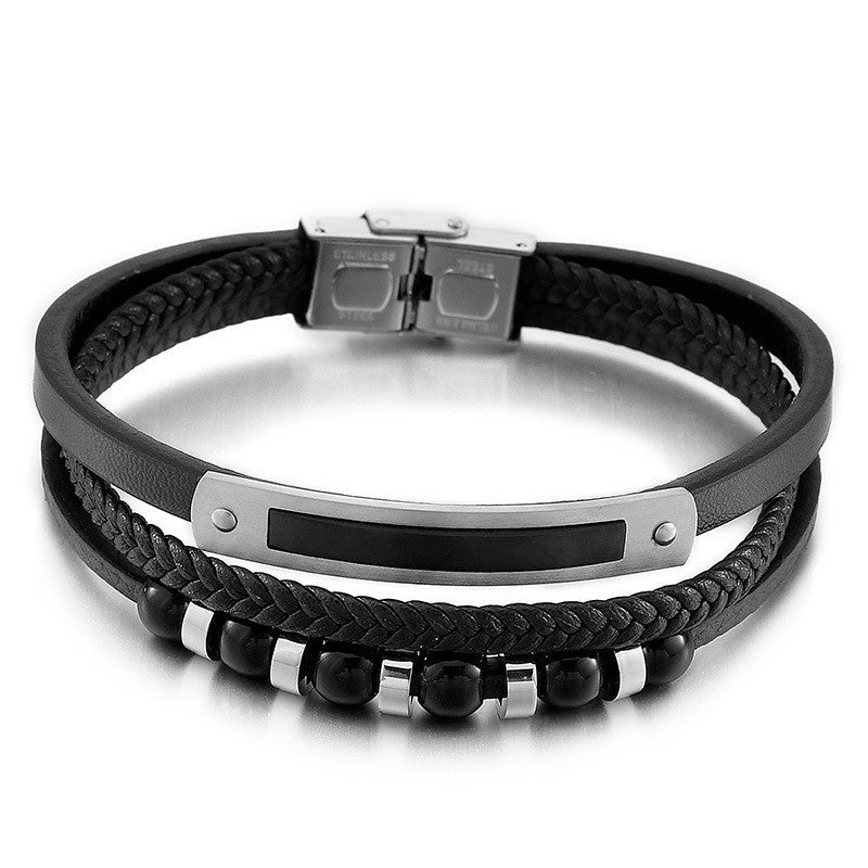 Planderful Mens Personalized Woven Leather Beaded Bracelet