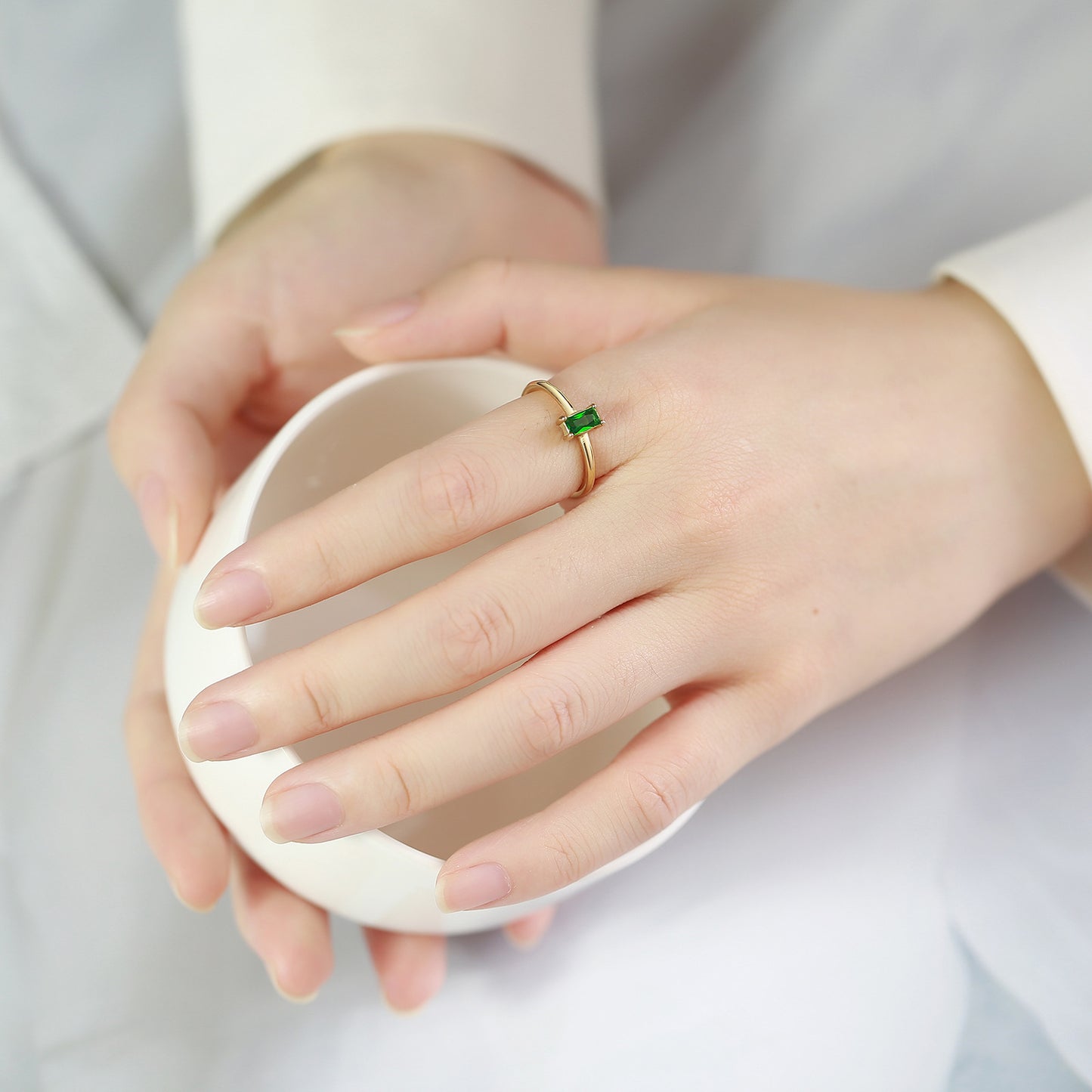Stainless Steel Green White Square Zircon Gold Lady Ring