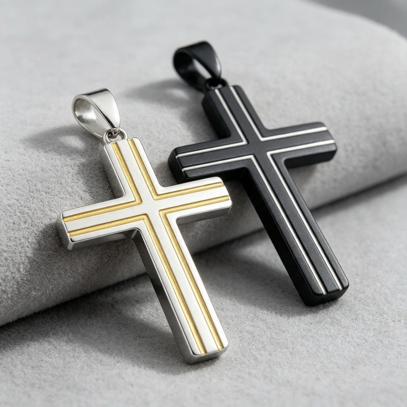Versatile Double-Line Groove Dripping Oil Contrasting Cross Pendant, Stainless Steel Men's Pendant On Necklace