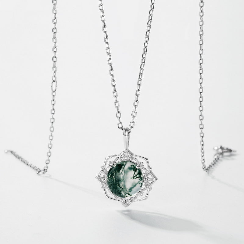 Planderful Jewelry Green Moss Agate Necklace Sterling Silver