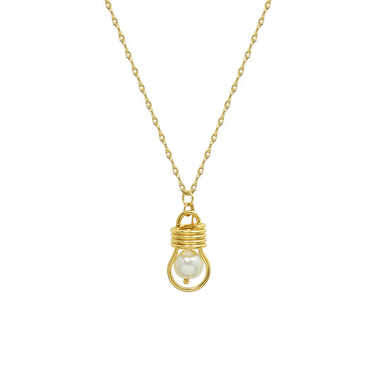 French Instagram Style Light Bulb Pendant Necklace with Collarbone Chain and Imitation Pearl Detail