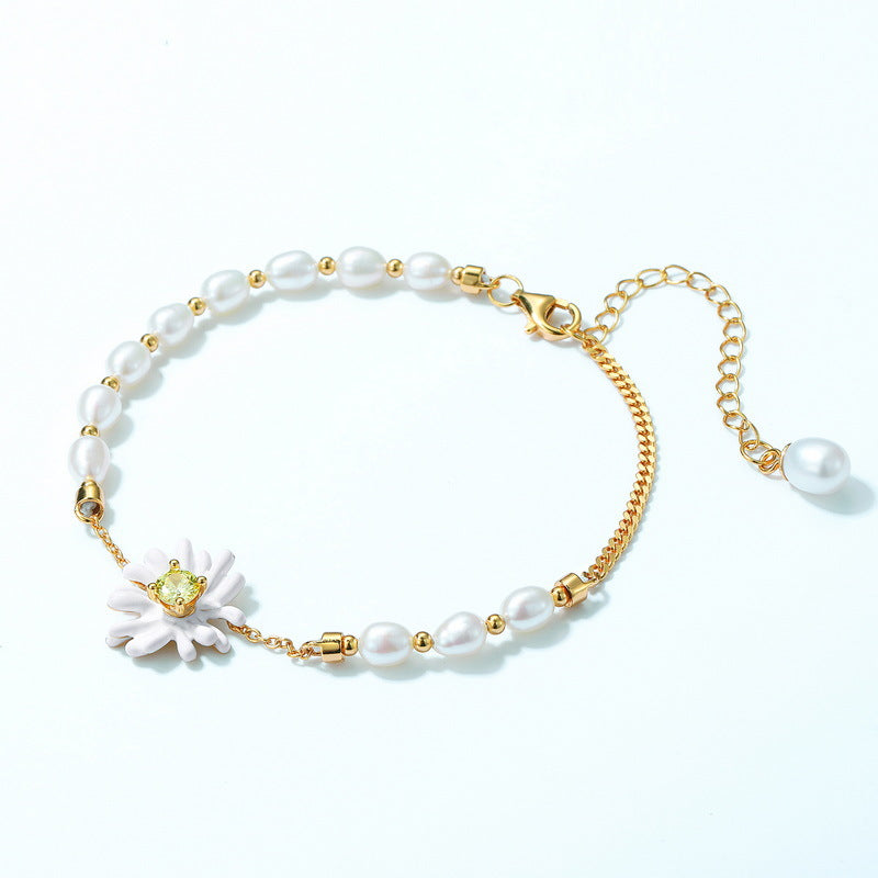 Little Daisy Olive Green Zircon Baroque Pearl Sterling Silver Bracelet