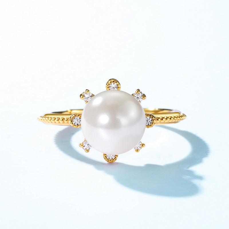 Round Pearl Zircon Sea Anemone Opening Sterling Silver Ring