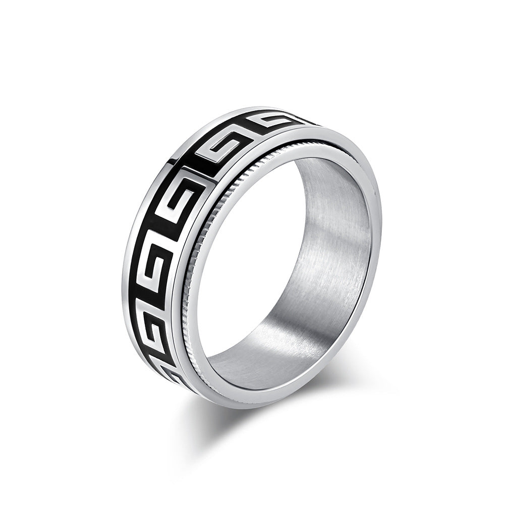Planderful Rotatable Decompression Ring For Men With Retro Great Wall Pattern In Titanium Steel