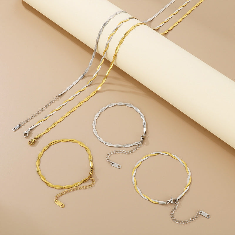 Trendy Adjustable Double Woven Chain Necklace And Bracelet