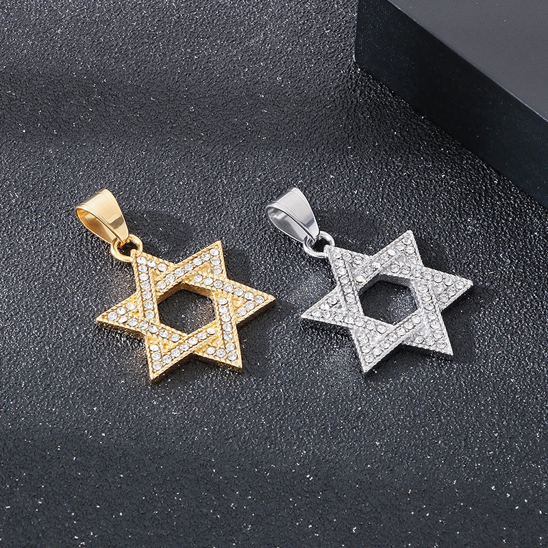 Dance Sweater Chain Pendant, Street Studded With Diamond Hexagram Stainless Steel Men's Pendant Necklace