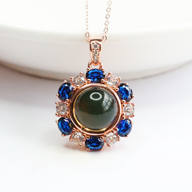 Blue Amber and Zircon Floral Necklace in Sterling Silver