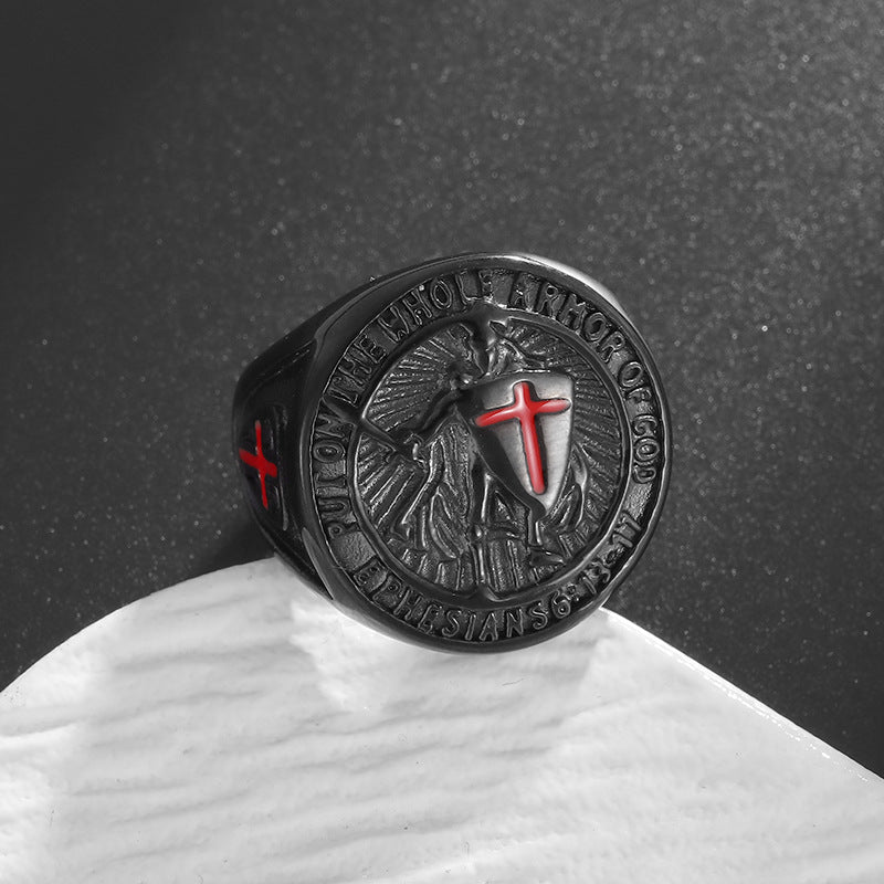 Planderful Everyday Genie Titanium Steel Gold Plated Ring Red Cross Shield For Men Hip Hop Style