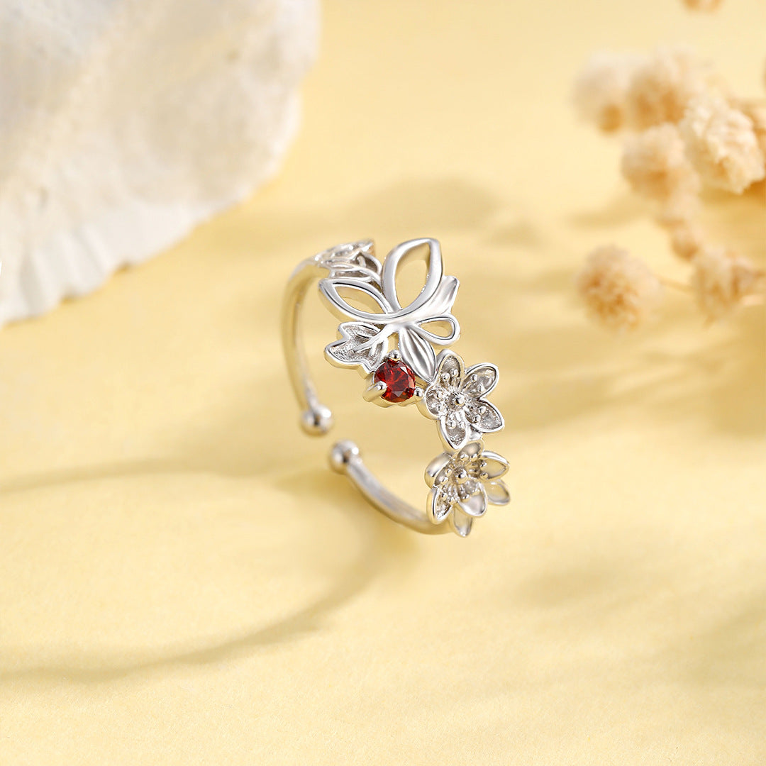 Planderful Luxurious Medieval Butterfly Ring Red Zircon For Women S925 Sterling Adjustable Opening Vintage Style