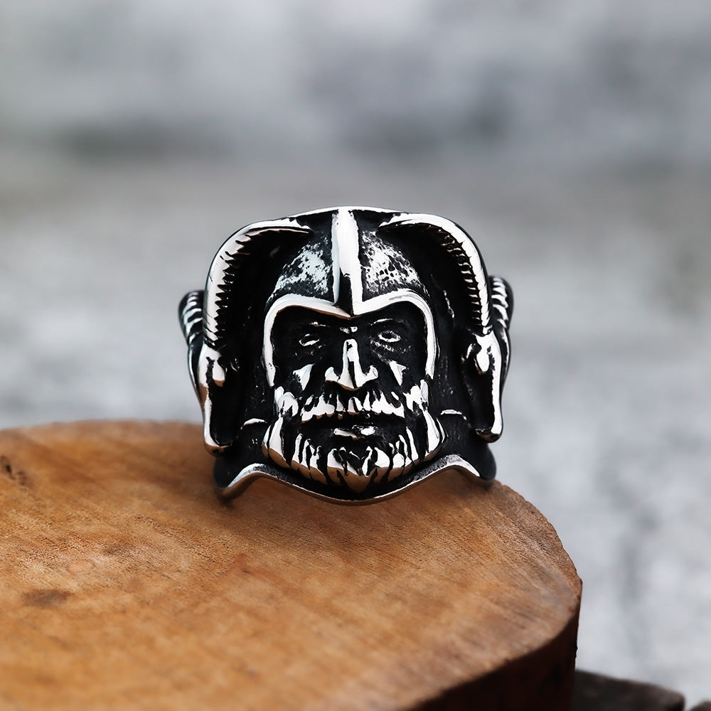 European And American Retro Jewelry Stainless Steel Men's Ring Hip Hop Style Viking Double Sheephead Warrior Ring