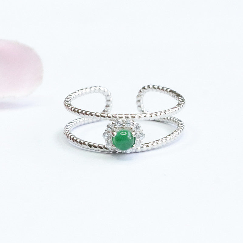 Icy Green Jadeite Halo 925 Silver Ring