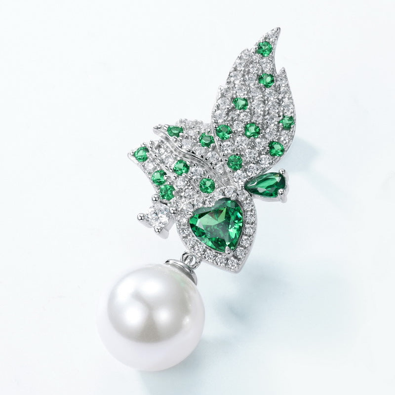 S925 Sterling Silver Gold-Plated Zircon & Pearl Butterfly Stud Earrings