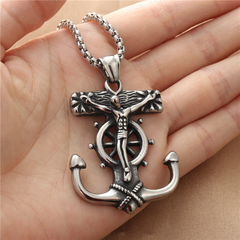Titanium Steel Anchor Rudder Pendant Necklace for Men - Vintage Punk Style