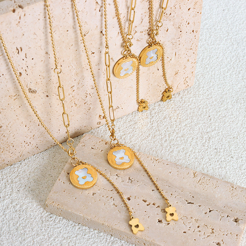 Sweet Cartoon Bear Shell Tassel Necklace - Women's Titanium Steel Gold-Plated Jewelry