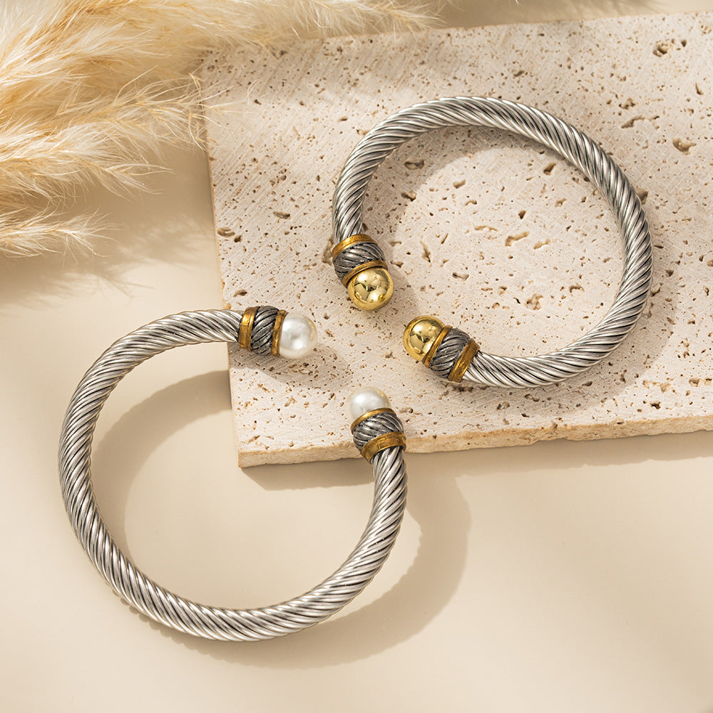 Planderful Stainless Steel Wire Rope Pearl Bracelet For Women Opening Clasp Elegant Everyday Genie Jewelry