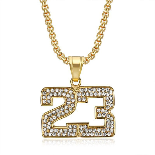 Planderful Hip Hop Necklace For Men And Women Premium Titanium Steel Gold Plated Zircon 23 Digital Basketball Pendant