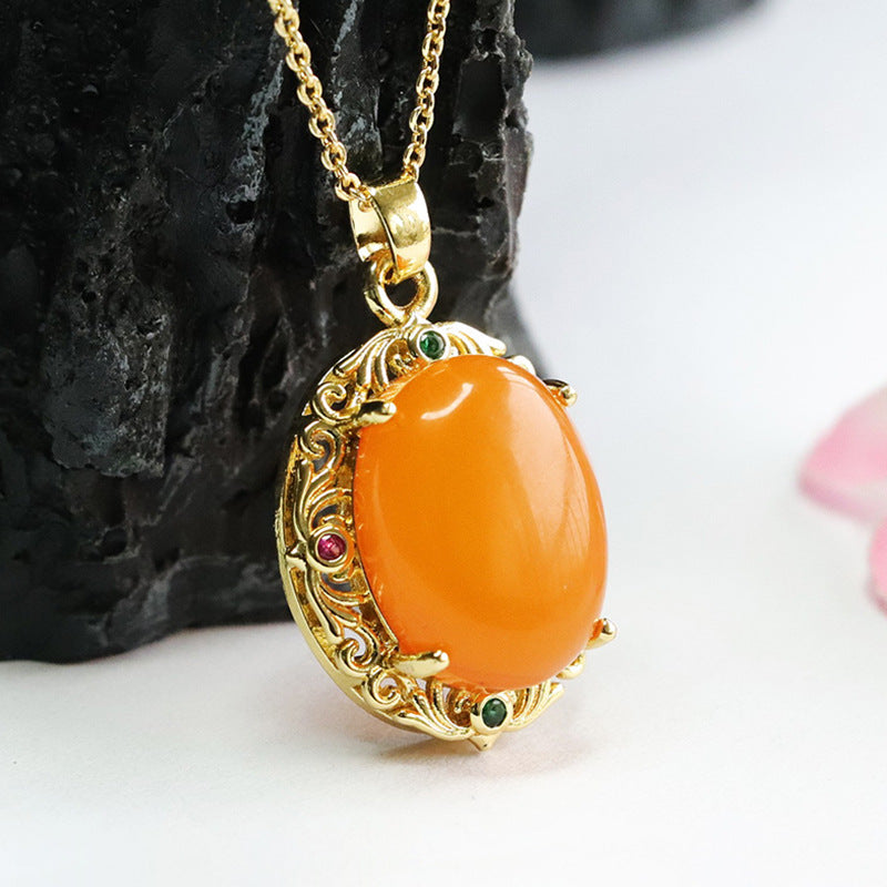 Golden Amber Honey Wax Zircon Pendant with Sterling Silver Needle