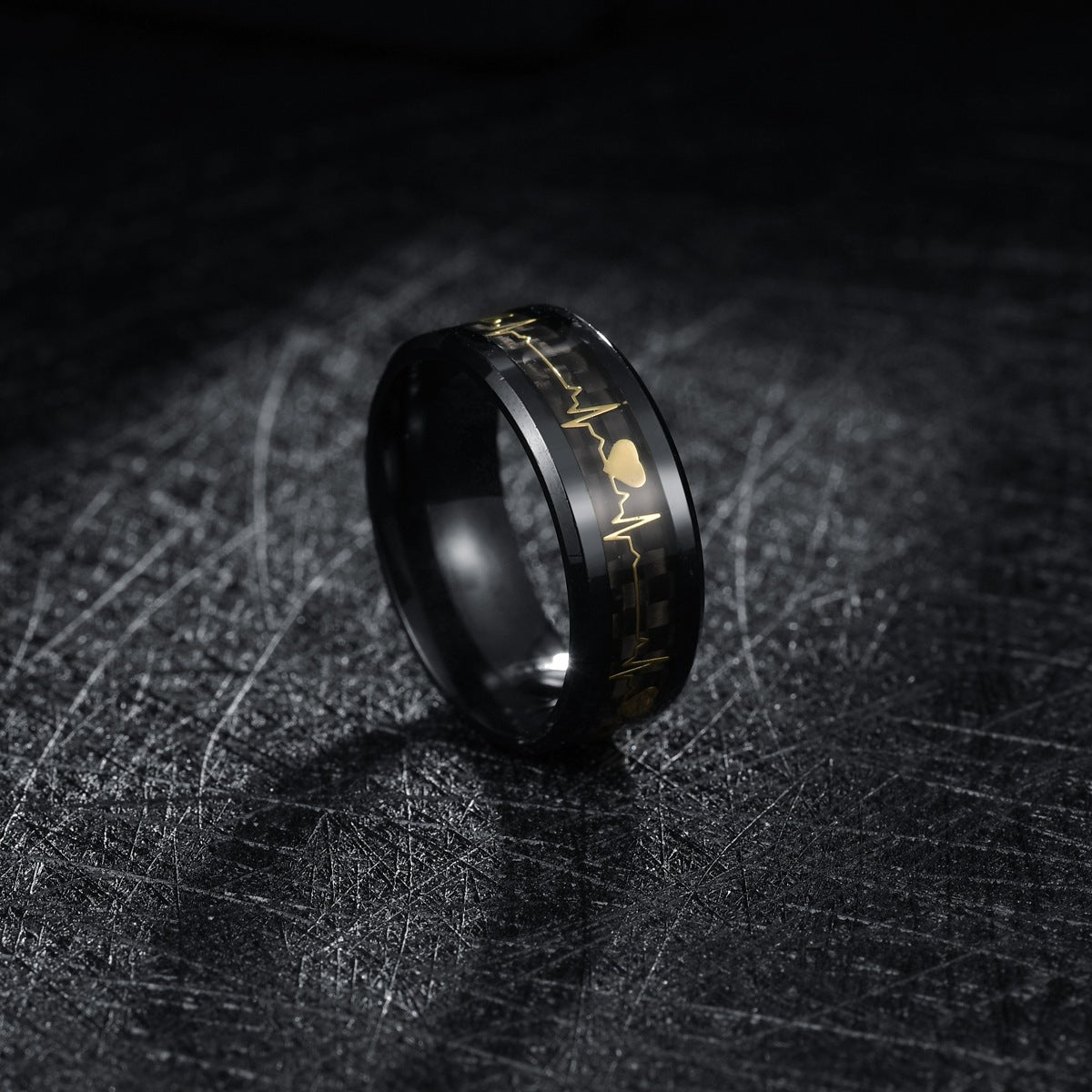 ECG Heartbeat 8mm Carbon Fiber Ring For Valentines Day Couples Unisex Titanium Steel By Planderful Everyday Genie