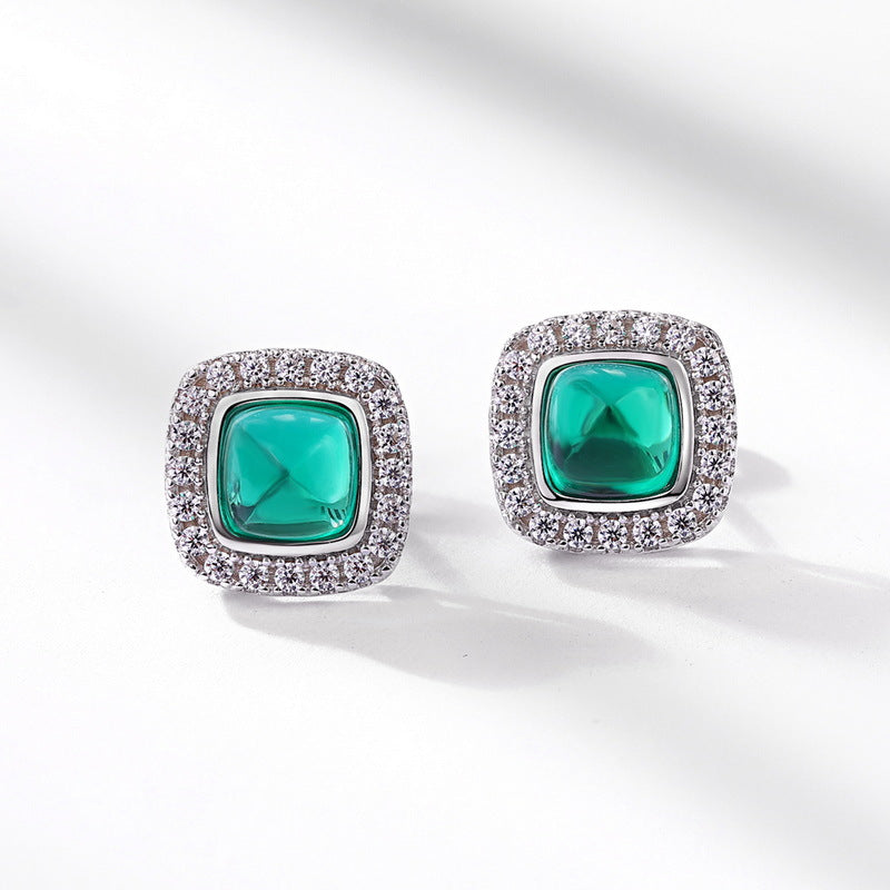 S925 Sterling Silver Gold-Plated Lab-Grown Emerald Minimalist Stud Earrings