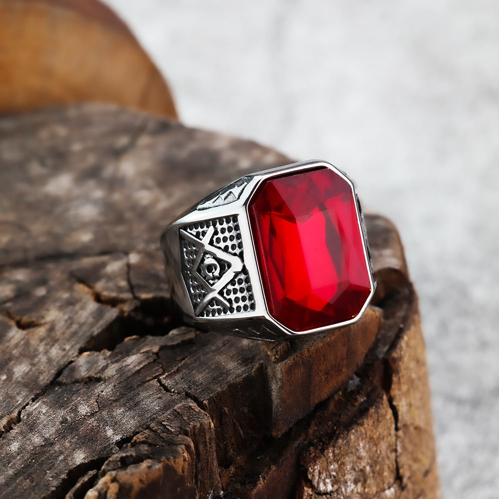 Cross-Border New Products European and American Style Ring AG Masonic Stone Men's Ring Stainless Steel Jewelry Wholesale