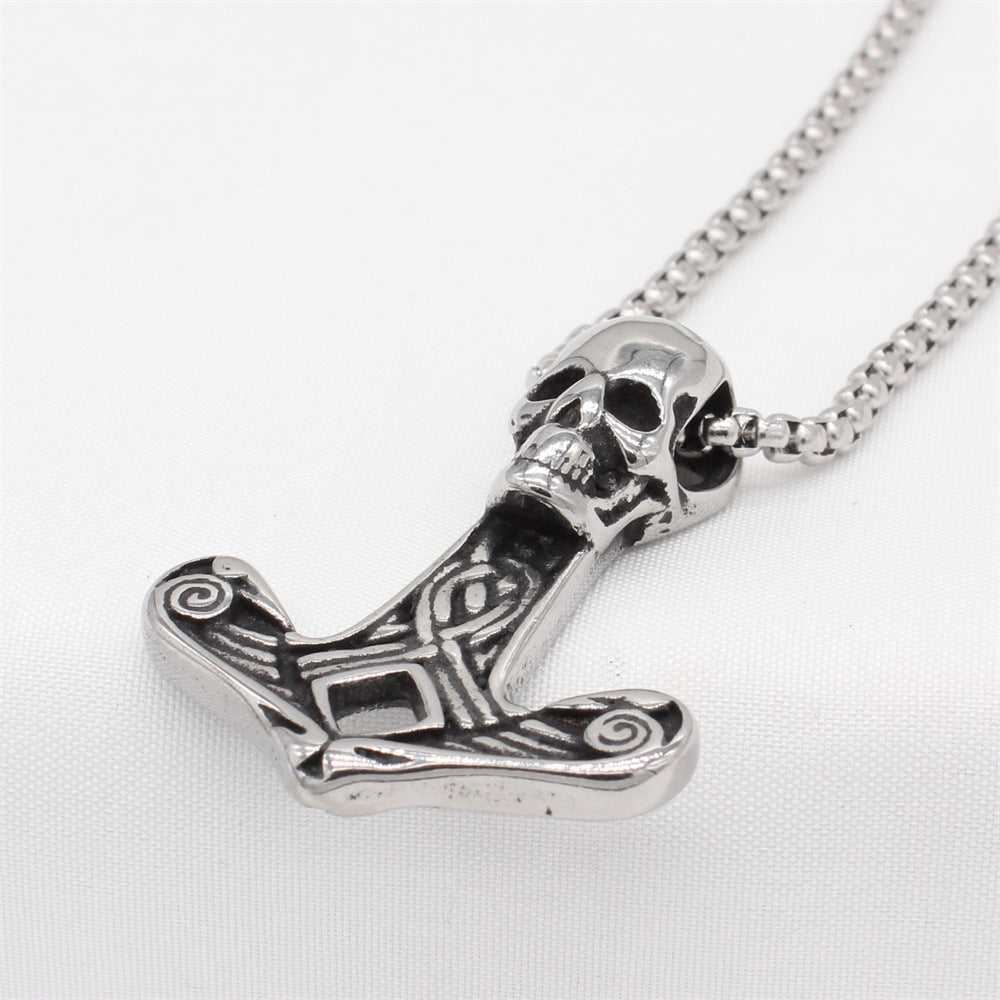 Titanium Steel Viking Skull Pendant - Nordic Mythology Inspired Retro Jewelry for Men