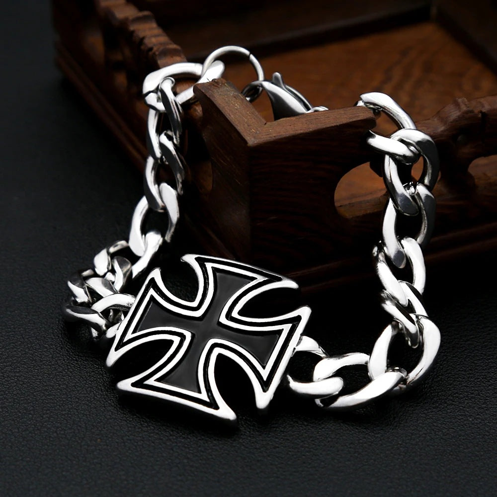 Planderful Vintage Stainless Steel Cuban Bracelet With Black Epoxy Cross For Men